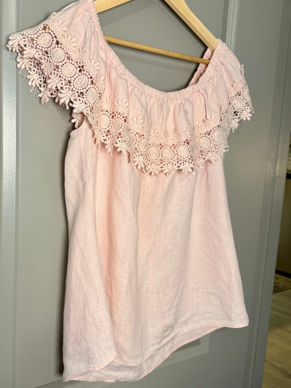 Melissa Paige Blush Pink Linen Off-Shoulder Top XL Crochet Lace Trim Peasant - Picture 2 of 6